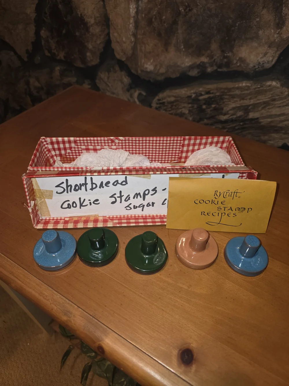 Vintage Cookie Stamp Set with Red Gingham Box - Blue, Green, Peach